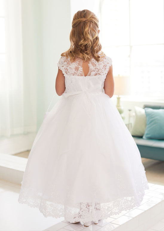  Illusion Neckline Bodice with Lace Applique and Rhinestones. The Tulle Skirt also has a Lace Applique Hem.