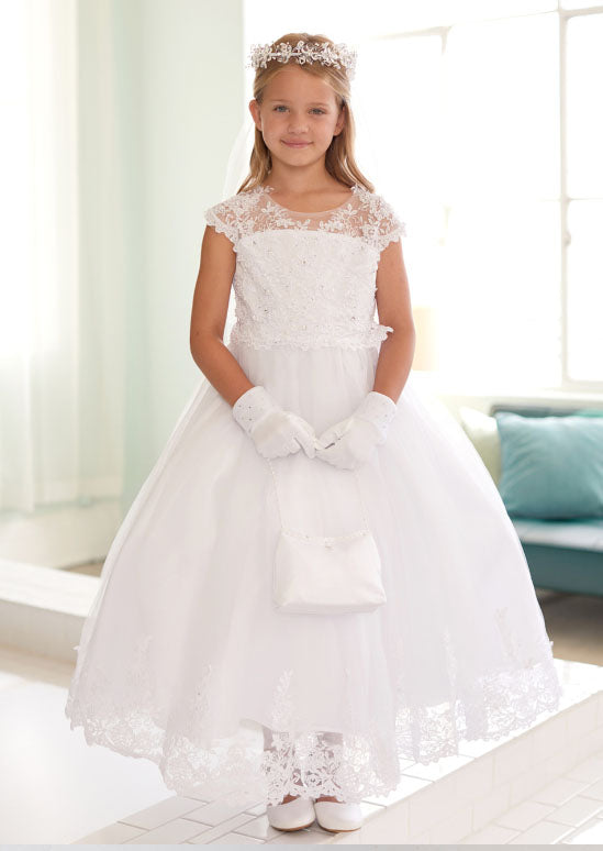  Illusion Neckline Bodice with Lace Applique and Rhinestones. The Tulle Skirt also has a Lace Applique Hem.