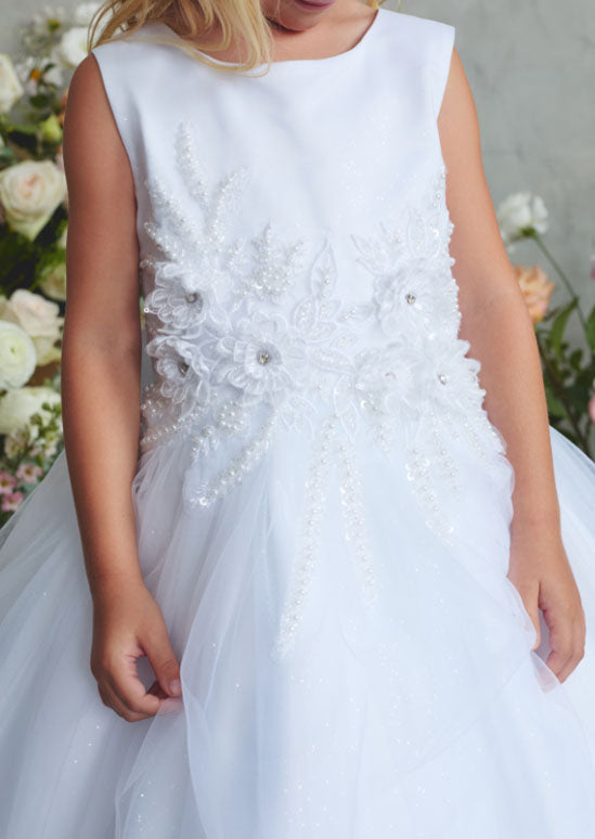 Girls Francesca Dress White with Lace Applique