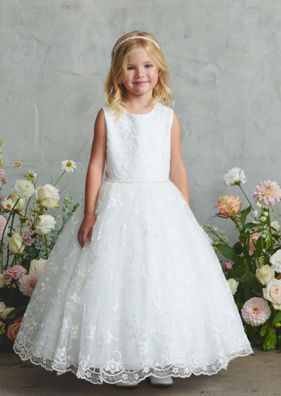 Girls Catherine Rhinestone and Pearl Waist Lace Dress in Ivory