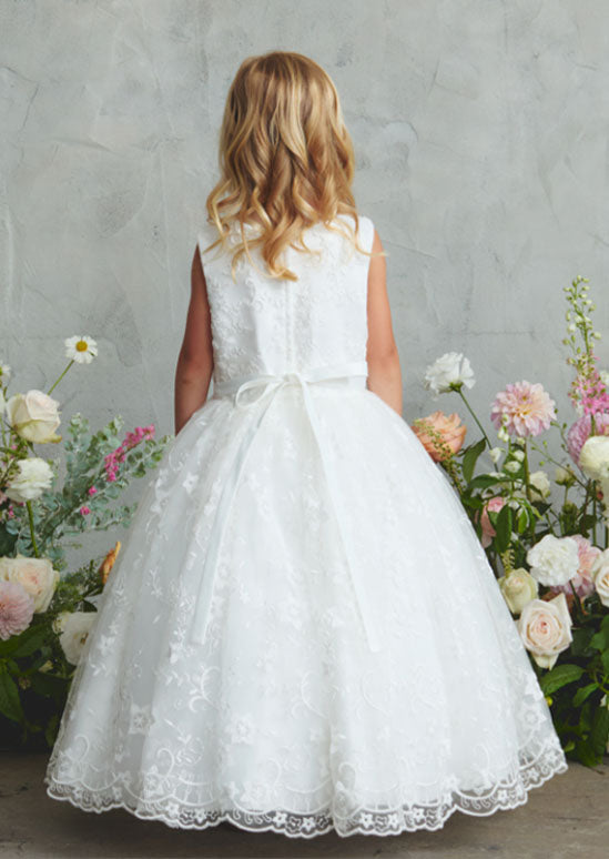 Girls Catherine Rhinestone and Pearl Waist Lace Dress in Ivory