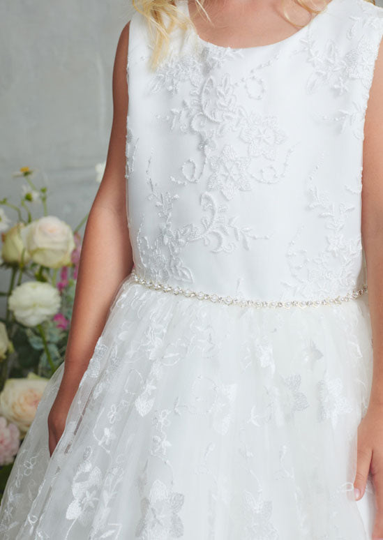 Girls Catherine Rhinestone and Pearl Waist Lace Dress in Ivory