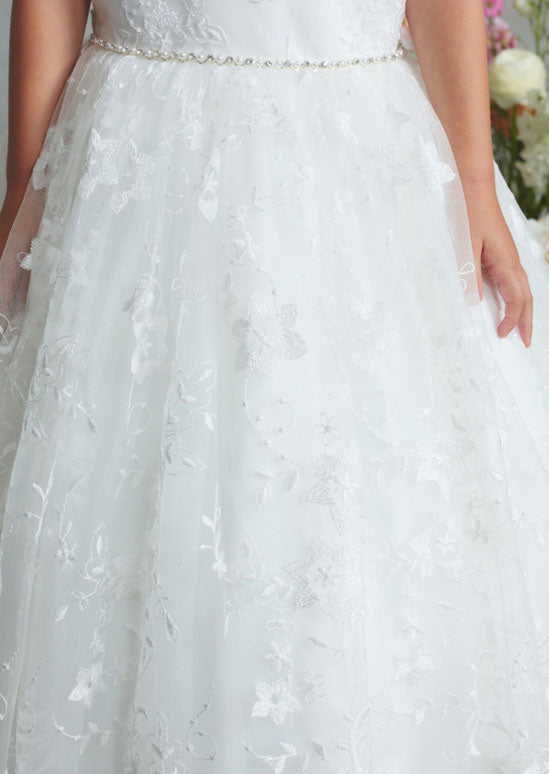 Girls Catherine Rhinestone and Pearl Waist Lace Dress in Ivory