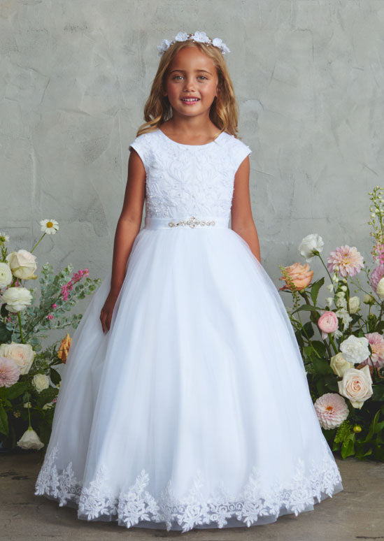 Girls Charlotte Gown with Lace Applique Hemline in White