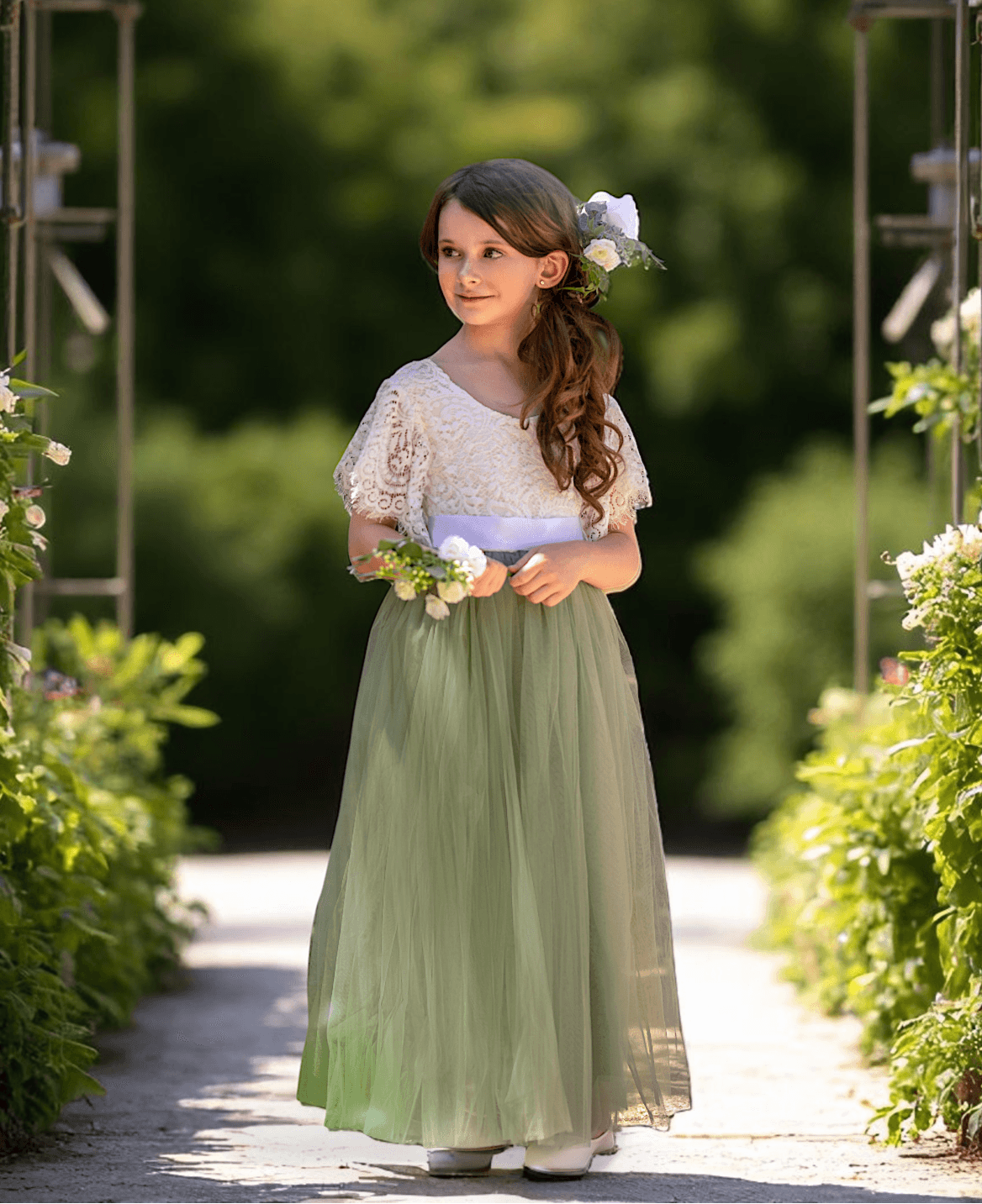 Sage Green Ruffle Sleeve Flower Girl Dress | Boho Tulle Gown for Garden Weddings