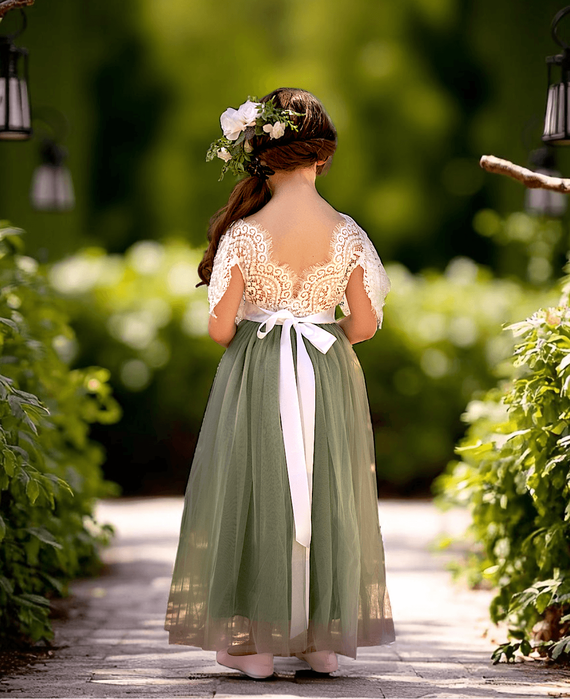 Sage Green Ruffle Sleeve Flower Girl Dress | Boho Tulle Gown for Garden Weddings