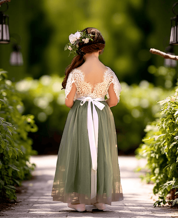 Sage Green Ruffle Sleeve Flower Girl Dress | Boho Tulle Gown for Garden Weddings