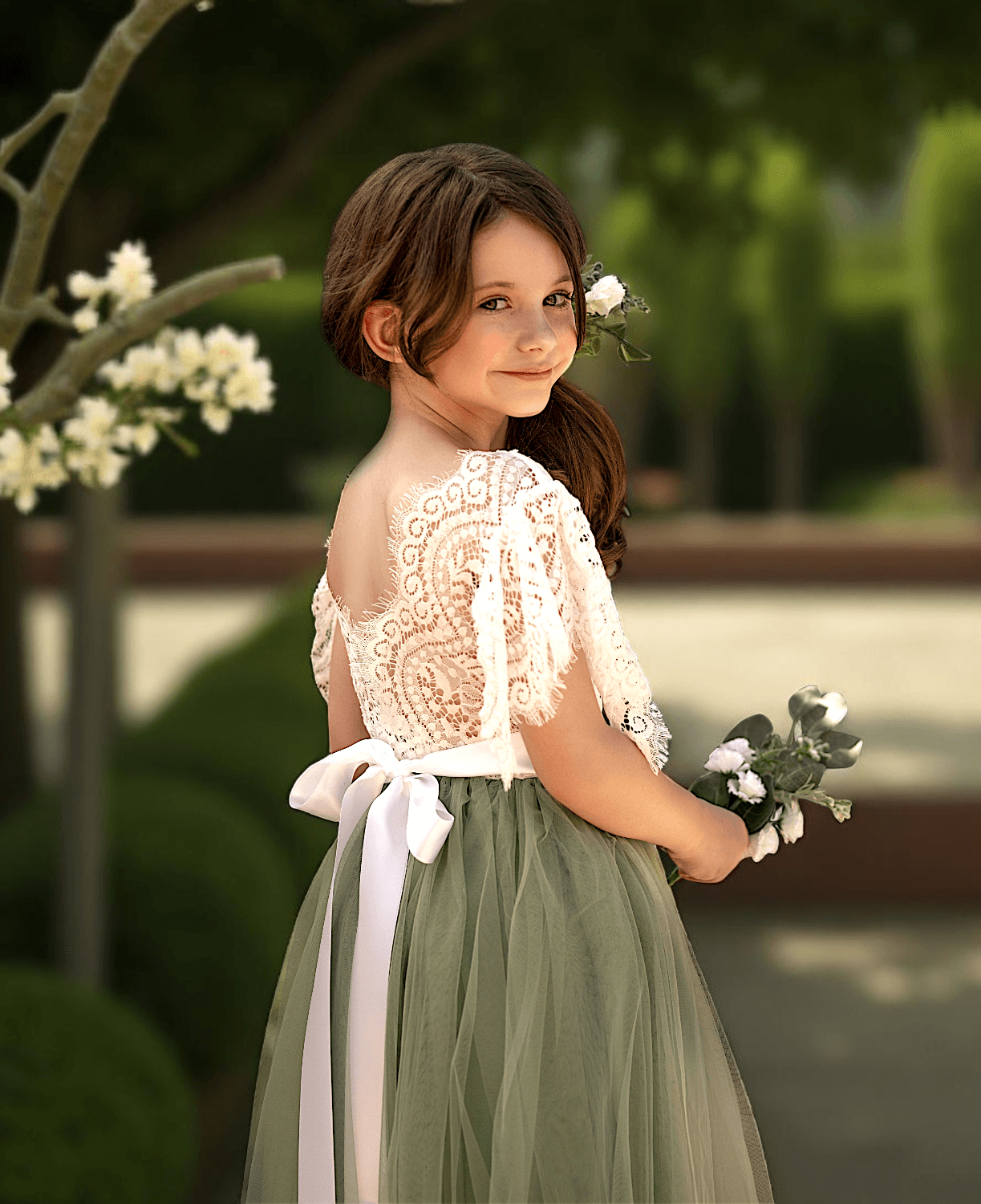 Sage Green Ruffle Sleeve Flower Girl Dress | Boho Tulle Gown for Garden Weddings