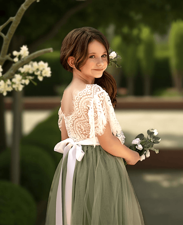 Sage Green Ruffle Sleeve Flower Girl Dress | Boho Tulle Gown for Garden Weddings