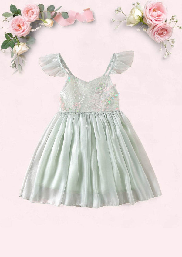 Sage Ruffle Sleeve Sequin Dress for Toddler Girl | Fancy Party Dress