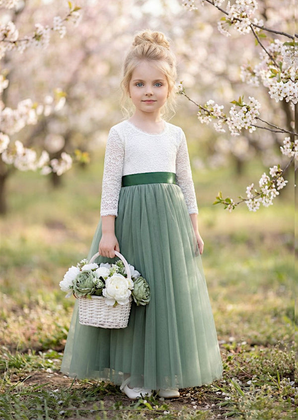 Sage & White Flower Girl Dress Lace Bodice & Feathered V‑Back