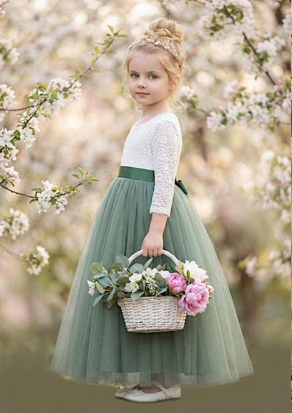 Sage & White Flower Girl Dress Lace Bodice & Feathered V‑Back