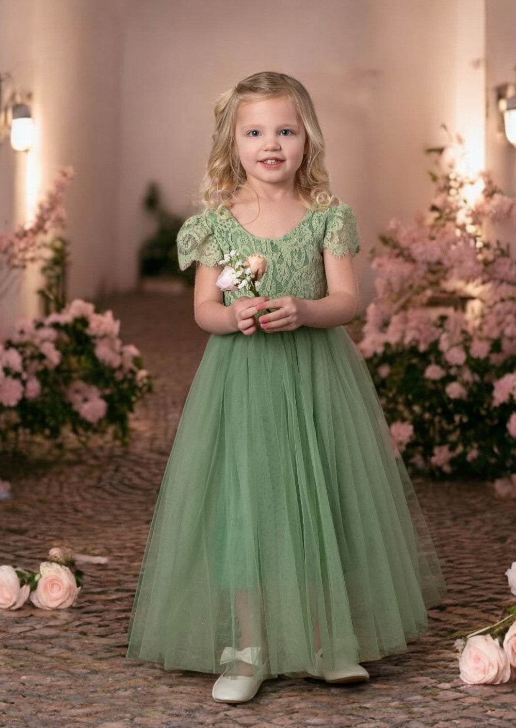 Sage Short Sleeve Tulle & Lace Dress