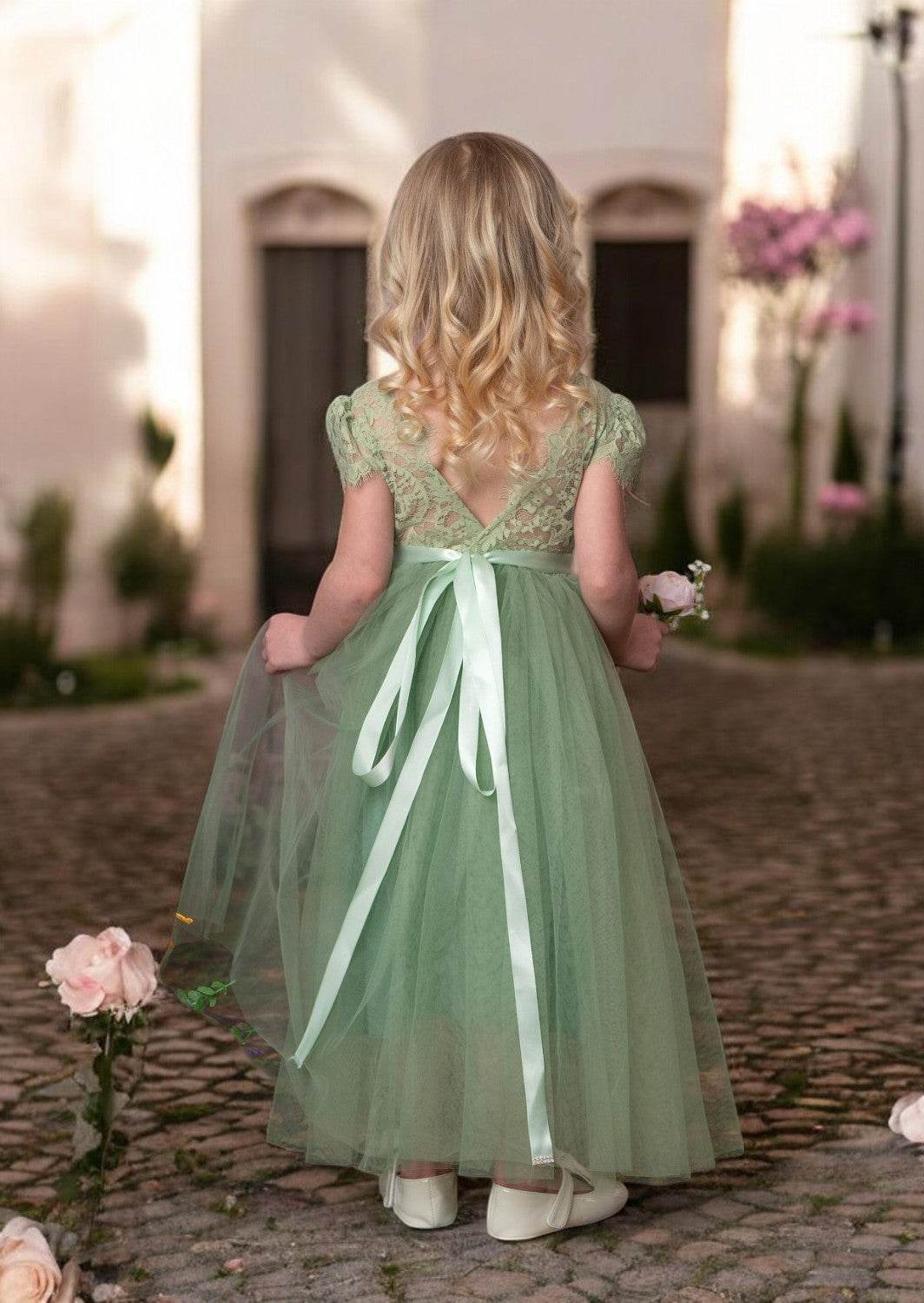 Sage Short Sleeve Tulle & Lace Dress