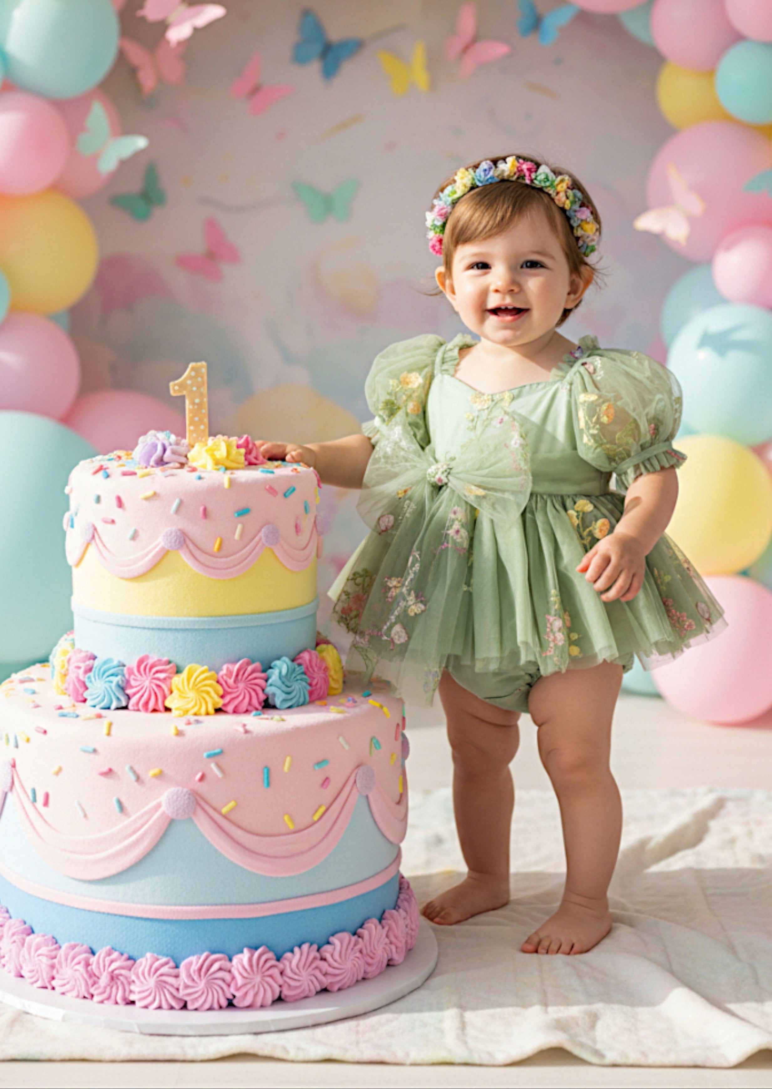 Garden Fairy Floral Birthday Romper Sage Cake Smash Girl