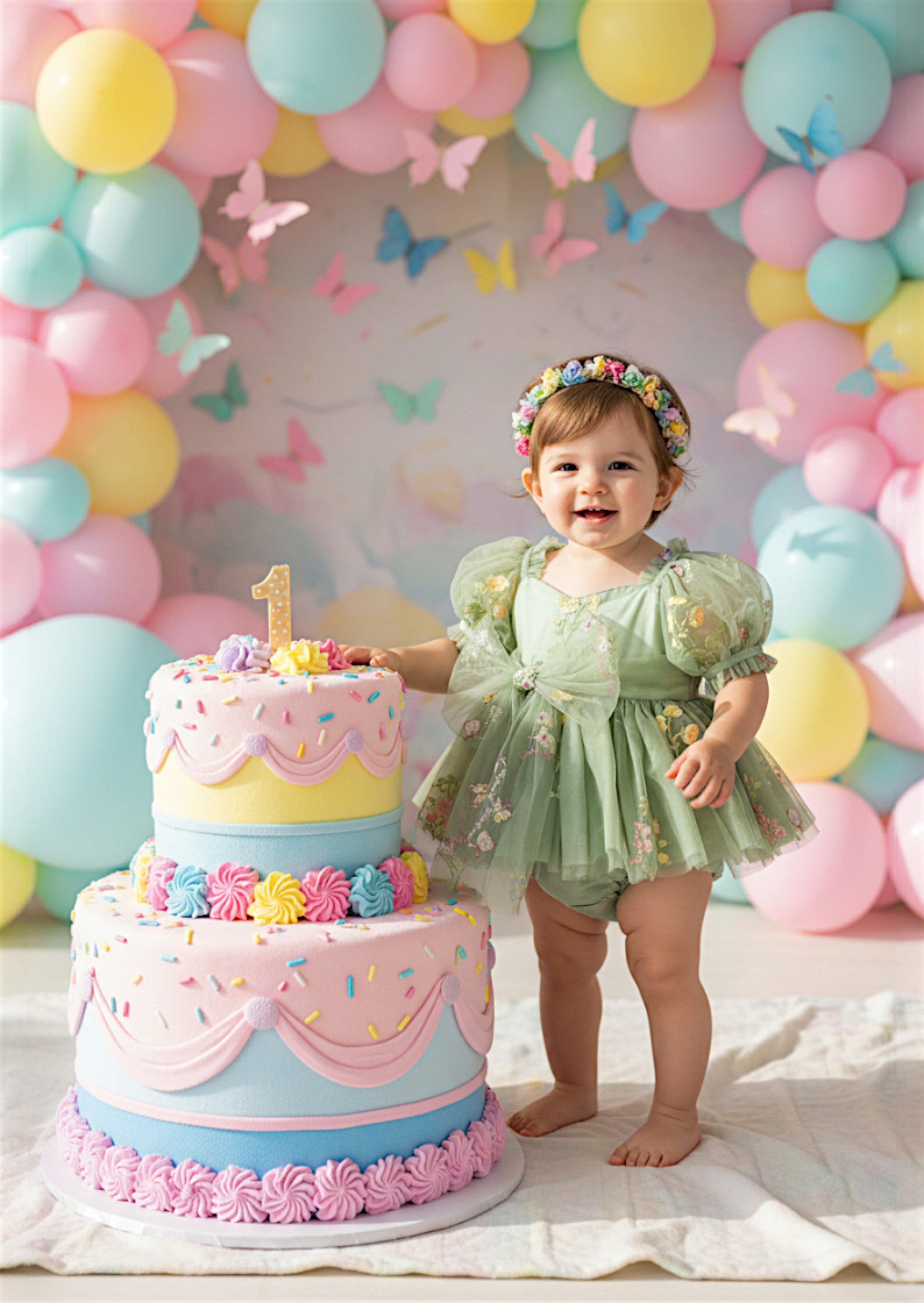 Garden Fairy Floral Birthday Romper Sage Cake Smash Girl