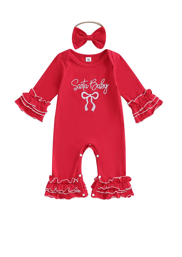 Santa Baby Long Sleeve Romper & Bow Set || Red White