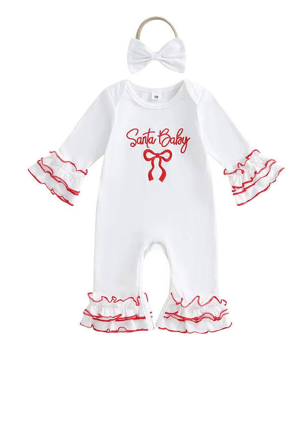 Santa Baby Long Sleeve Romper & Bow Set || White Red