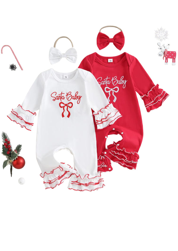 Santa Baby Long Sleeve Romper & Bow Set || Red White