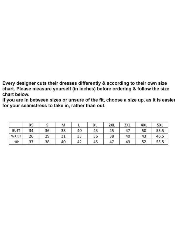 Size chart for dresses with measurements in inches.