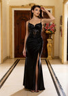 Black Satin Corset Evening Prom Dress with Slit and Lace-Up Back