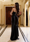 Black Satin Corset Evening Prom Dress with Slit and Lace-Up Back