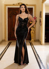 Black Satin Corset Evening Prom Dress with Slit and Lace-Up Back