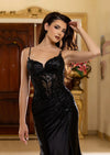Black Satin Corset Evening Prom Dress with Slit and Lace-Up Back