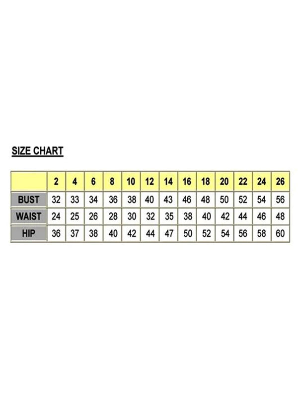 Size chart for clothing measurements on a white background