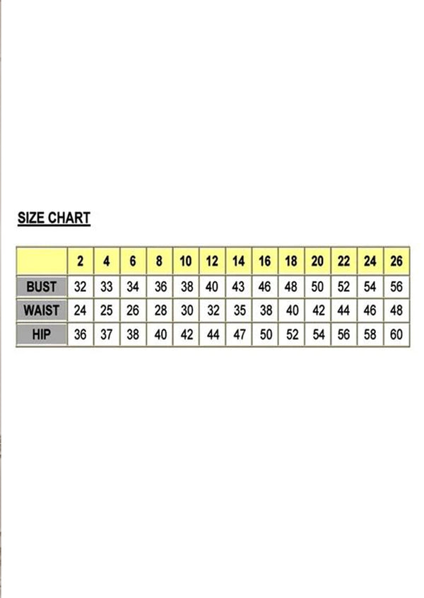 Size chart for bust, waist, and hip measurements on a white background