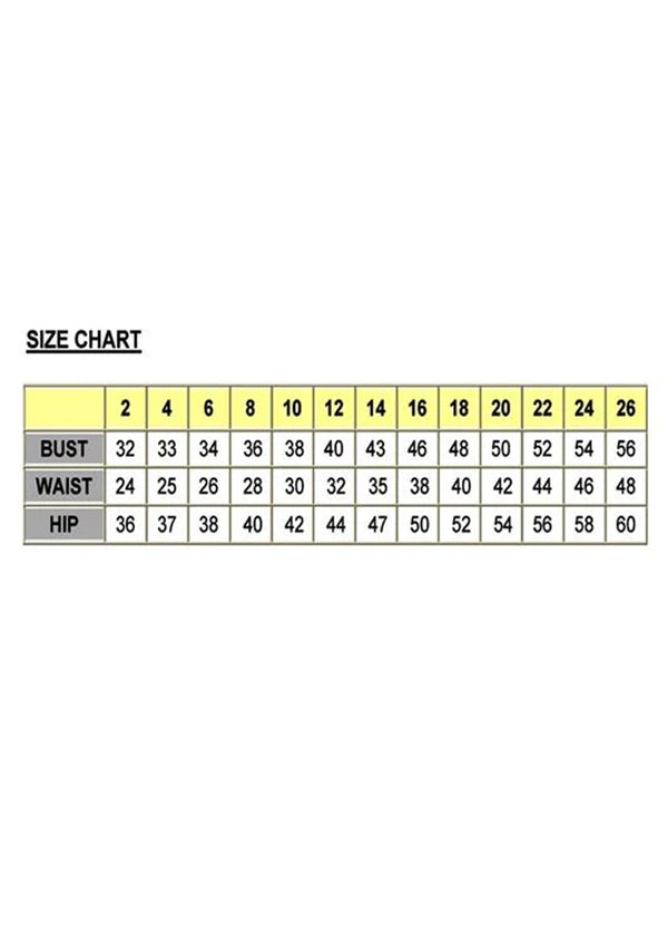 Size chart for bust, waist, and hip measurements on a white background
