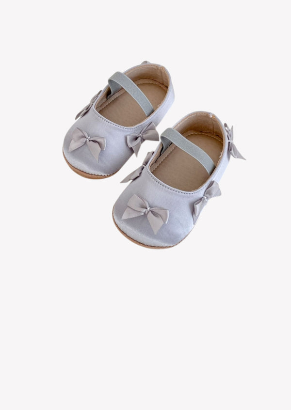 Satin Baby Shoes with Bows in Grey