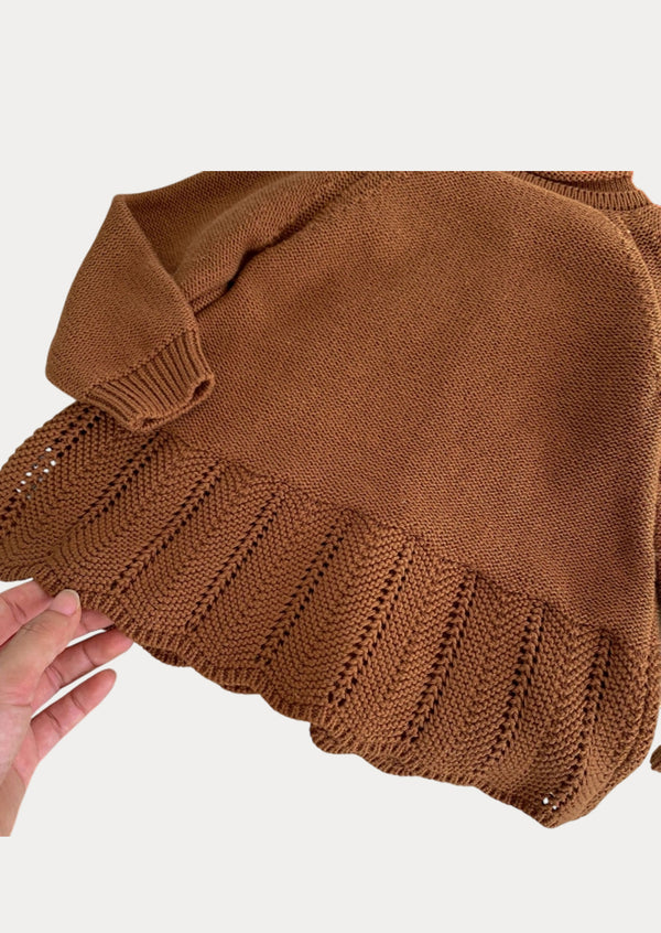Flair Bottom Hand Knit Cardigan In Brown