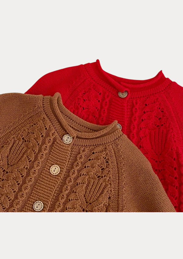 Flair Bottom Hand Knit Cardigan In Brown