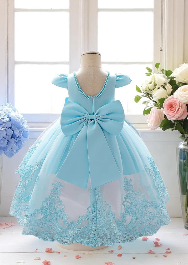 Blue Scalloped Lace High Low Party Dress