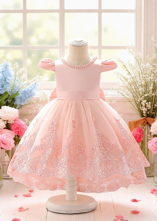 Baby & Toddler Peachy Pink Scalloped Lace High Low Party Dress