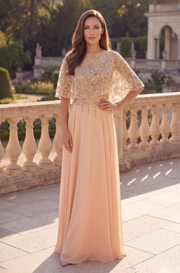 Beaded Cape Chiffon Gown – Elegant Formal Evening Dress
