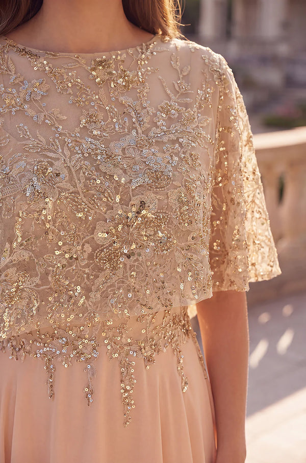 Close up - Beaded Cape Chiffon Gown – Elegant Formal Evening Dress