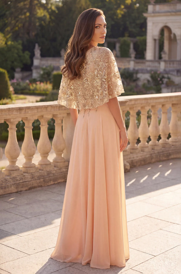 Beaded Cape Chiffon Gown – Elegant Formal Evening Dress