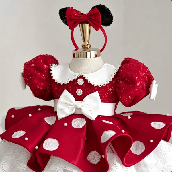 Ruby Mouse Sparkle Dress – Red Dot Satin & Sequin Girl’s Costume Dress