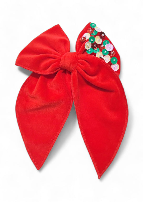 Girls Red Velvet Sequin Bow