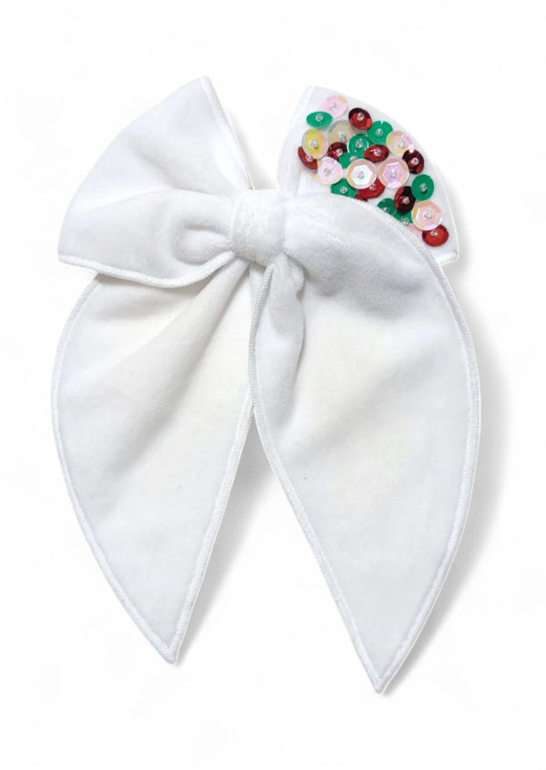 Girls White Velvet Sequin Christmas Hair Bow