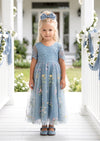 Short Sleeve Dusty Blue Floral Flower Girl Dress - Flower Girl Dresses