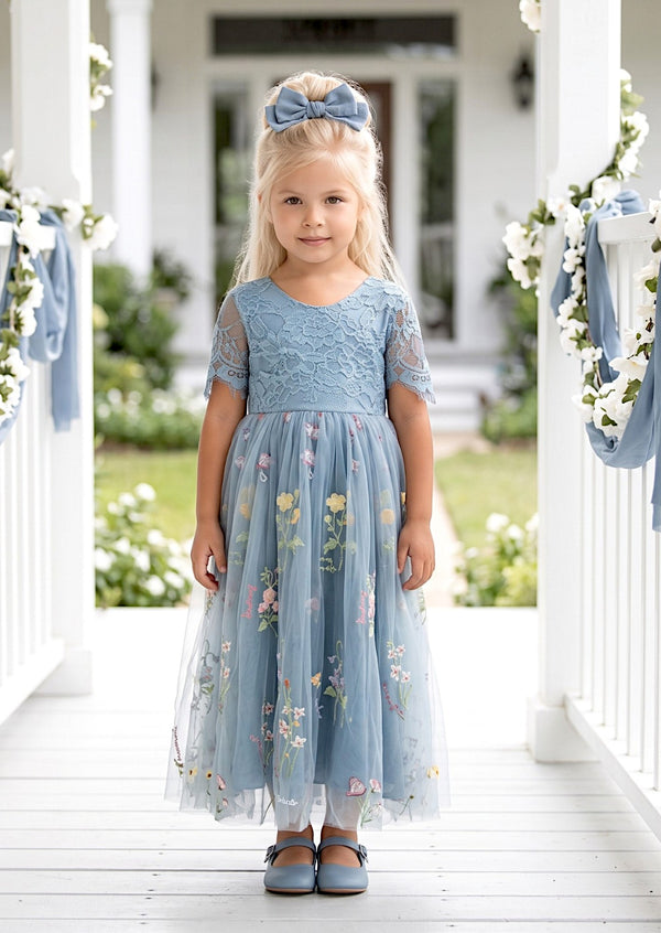 Short Sleeve Dusty Blue Floral Flower Girl Dress - Flower Girl Dresses