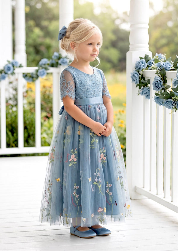 Short Sleeve Dusty Blue Floral Flower Girl Dress - Flower Girl Dresses