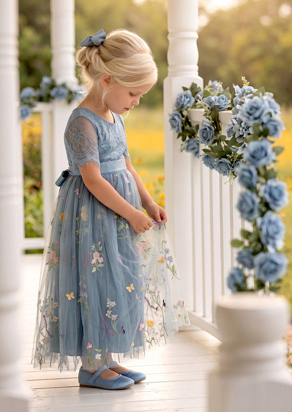 Short Sleeve Dusty Blue Floral Flower Girl Dress - Flower Girl Dresses
