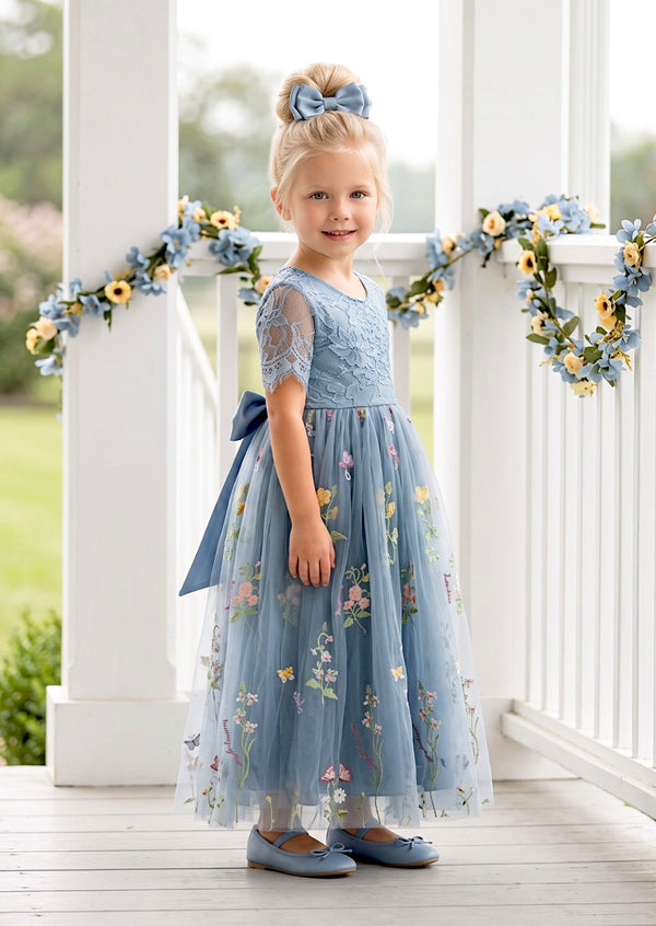 Short Sleeve Dusty Blue Floral Flower Girl Dress - Flower Girl Dresses
