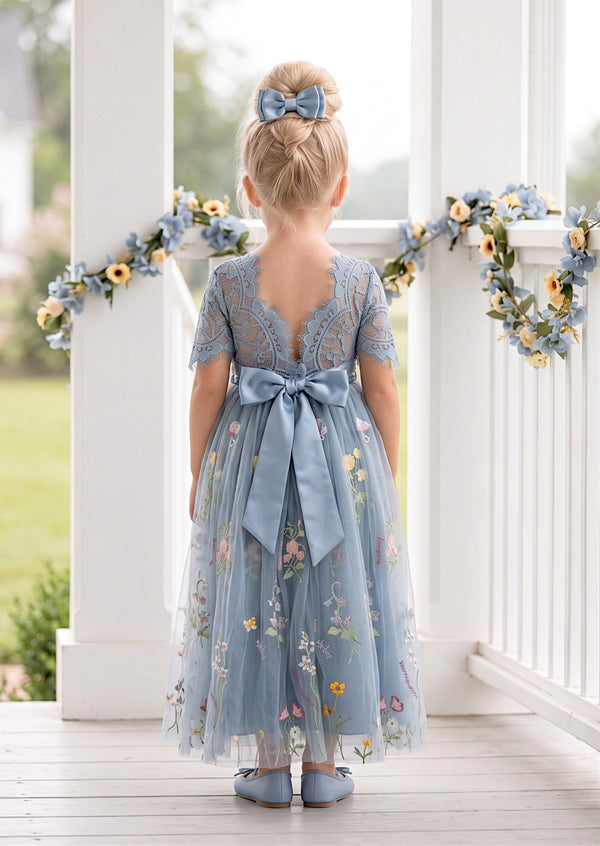 Short Sleeve Dusty Blue Floral Flower Girl Dress - Flower Girl Dresses
