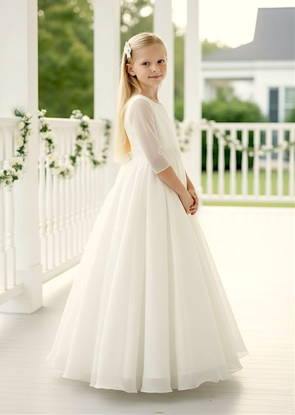 Aurelia — Elegant Sheer Sleeve Communion Dress in Ivory