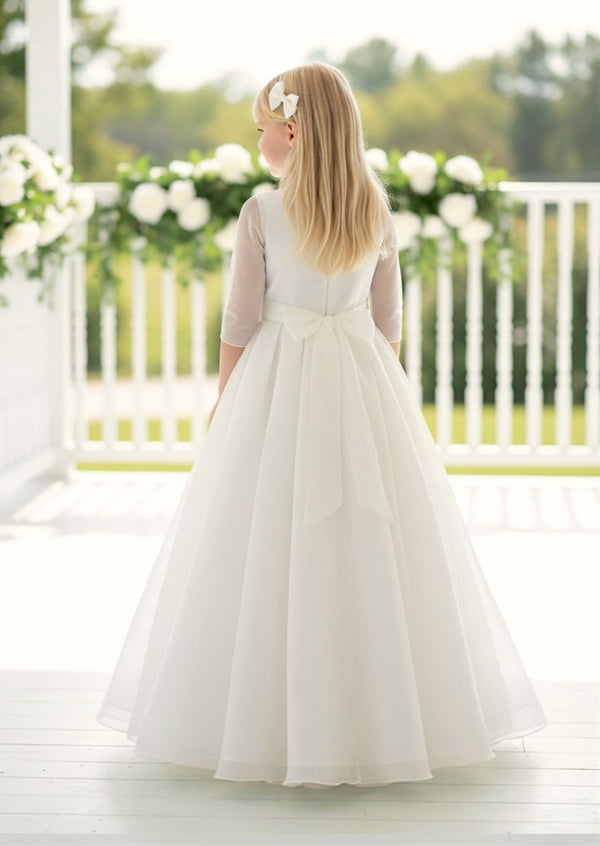 Aurelia — Elegant Sheer Sleeve Communion Dress in Ivory